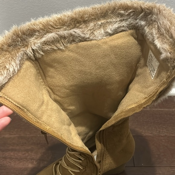 RAMPAGE Tan Faux Fur Wedge Lace Up Mid Calf Boots - Picture 3 of 7